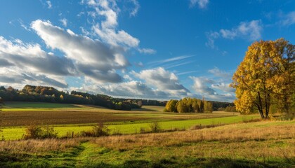Obraz premium Enchanting autumn landscape sunny rural panorama of idyllic countryside on a beautiful sunny day