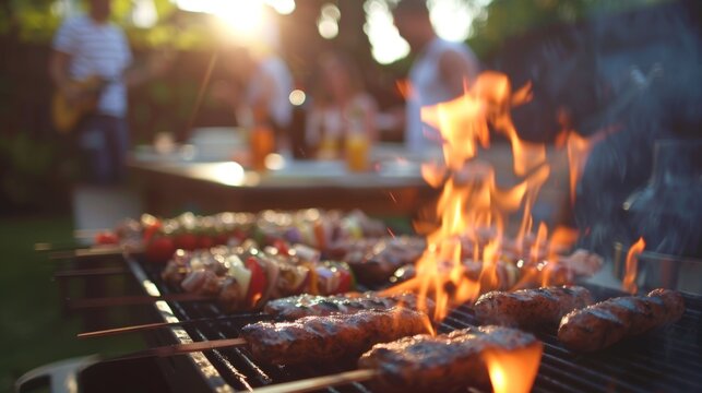 Out of focus view of an outdoor barbecue celebration capturing the joyous mood and lively conversations happening around the grills.