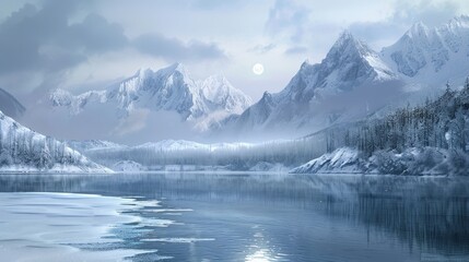 Serene winter landscape with frozen lake and moonlit mountains background