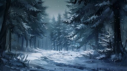 Naklejka premium Serene winter forest with snow-dusted evergreens and quiet solitude background