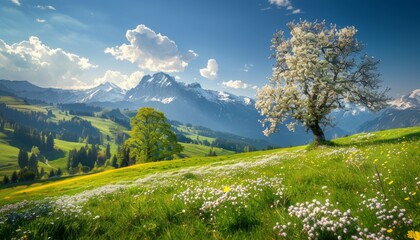 Fototapeta premium Sunny alpine day with idyllic spring mountain landscape and blooming meadows in the alps