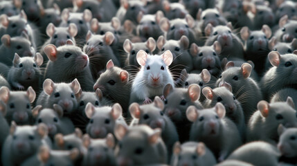 Fototapeta premium A group of mice with one white mouse standing out. Concept of loneliness and isolation for the white mouse