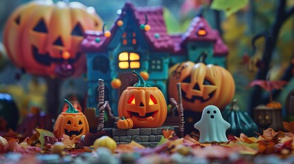 An ultra-sharp and clear photograph of a cute Halloween scene with smiling pumpkins, playful ghosts, and a colorful haunted house, every detail perfectly focused