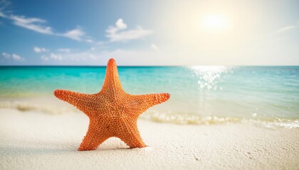 A vibrant starfish resting on a sandy beach with turquoise water and a bright blue sky in the background. The serene setting is enhanced by the gentle waves and distant clouds.