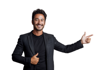 Smart businessman in black suit raised his hand and pointed to his side