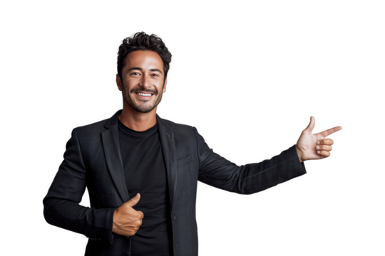 Smart businessman in black suit raised his hand and pointed to his side