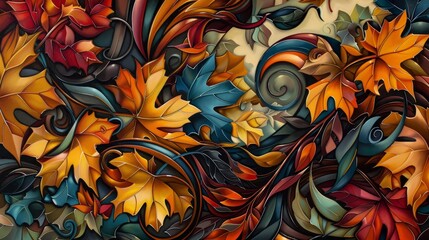 Jewel-toned leaves and vines in abstract autumn scene background