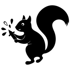 A squirrel with a brush from which multi-colored drops of paint fly away. 