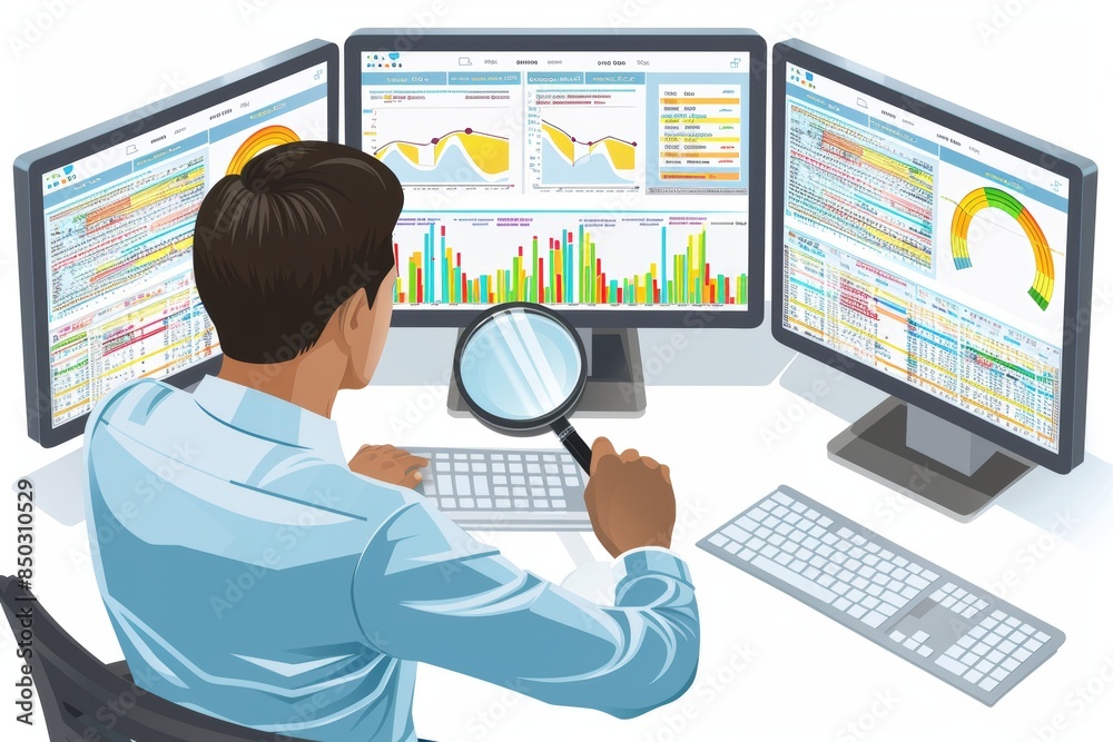 Poster business professional analyzing data charts and graphs with a magnifying glass in an office, emphasi