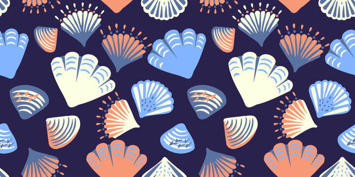 Colorful seamless pattern with abstract artistic shapes sea shells on a dark blue background. Creative summer tropical marine printing. Vector hand drawing sketch.Template for designs, notebook cover