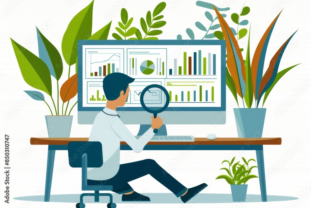 Poster business professional analyzing data charts and graphs with a magnifying glass in an office, emphasi