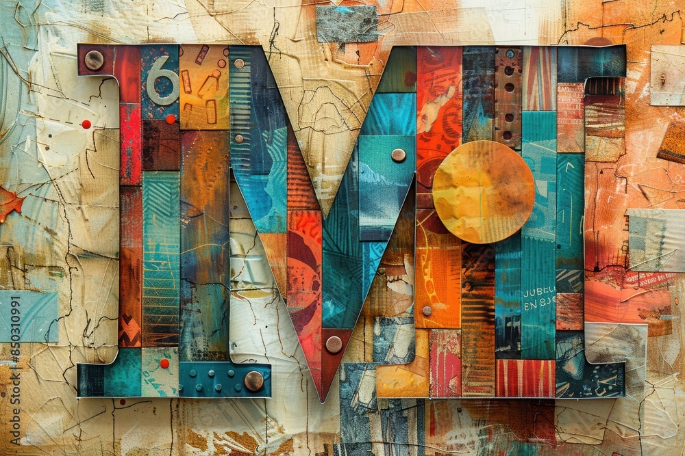 Fototapete an artistic collage illustration of the letter m composed of various textures and materials creating