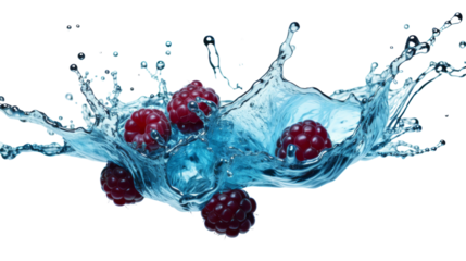 Raspberries Splashing In Water On White Background