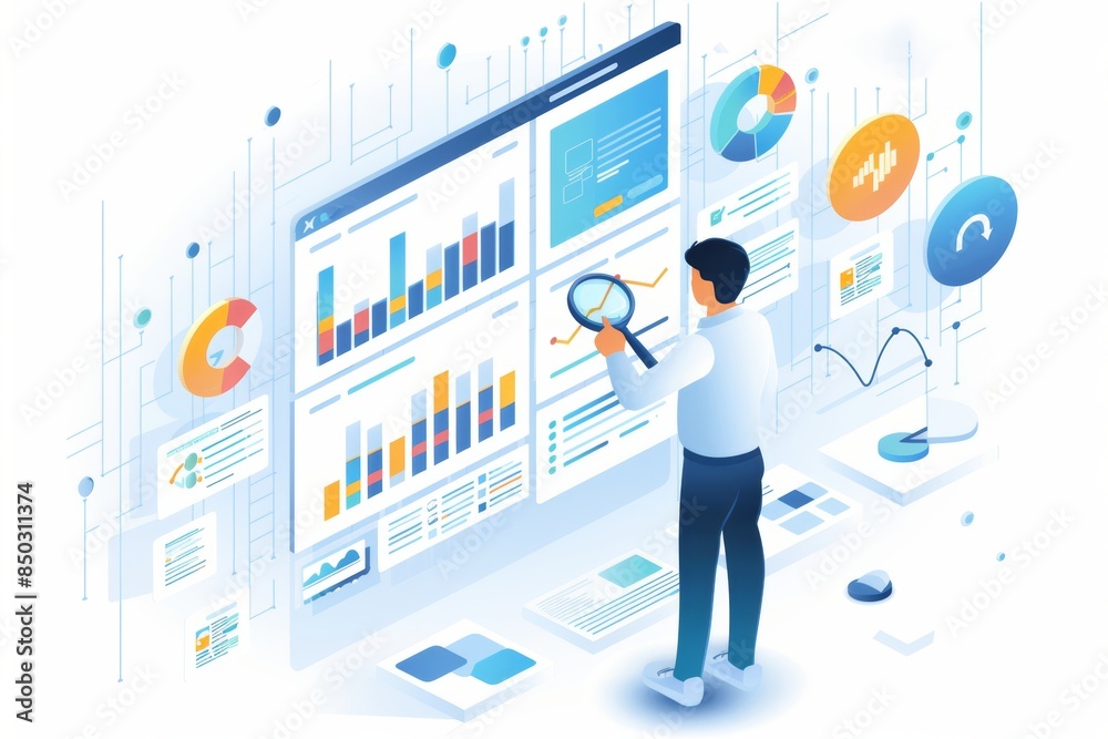 Poster Business professional analyzing data charts and graphs with a magnifying glass, highlighting digital research and market insights for corporate success, Generative AI