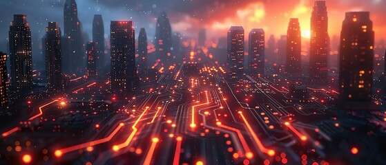 Fototapeta premium Futuristic digital circuit board with glowing elements and skyscrapers in the background, representing advanced technology and innovation