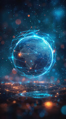 Obraz premium Futuristic digital globe concept with interconnected nodes, representing global network, technology, and connectivity Blue neon aesthetic