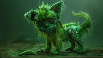 A highly detailed image of a cheerful zombie pet, like a puppy or kitten, with green fur and stitches, looking adorable and every detail clear and sharp