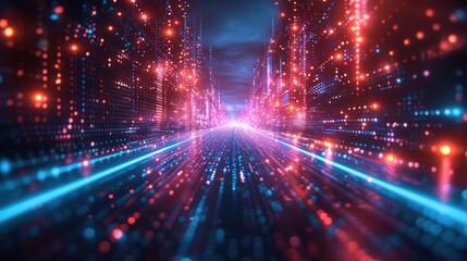 Obraz premium Futuristic digital neon background with glowing lines and geometric shapes, depicting speed and technology in a vibrant and dynamic scene