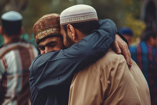 Muslim men greeting each other with hug outdoors.