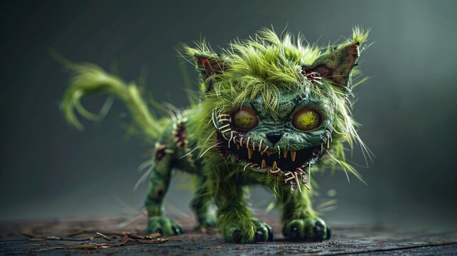 A highly detailed image of a cheerful zombie pet, like a puppy or kitten, with green fur and stitches, looking adorable and every detail clear and sharp