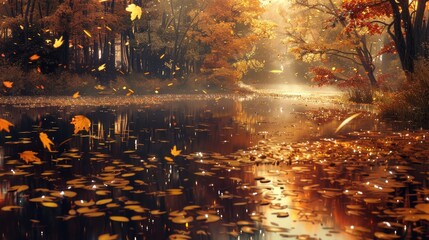 Naklejka premium Reflections and rustling leaves create magical autumn scene background