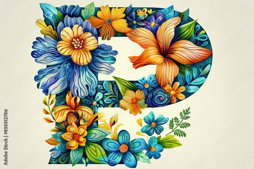 Fototapete an artistic illustration of the letter p featuring intricate floral patterns and vibrant colors perf