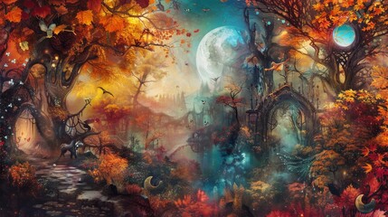 Obraz premium Haunting landscape with light pillars and ornate sugar skulls in mist background