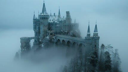 A large, old castle with a bridge and snow on the roof, surrounded by fog and trees.