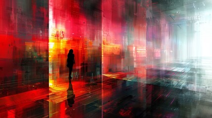 A woman is walking through a brightly colored painting with red, yellow, and orange hues. The artistic background creates a visually striking scene.