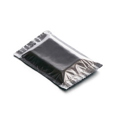 A silver, metallic sealed packet on a transparent, white background png image