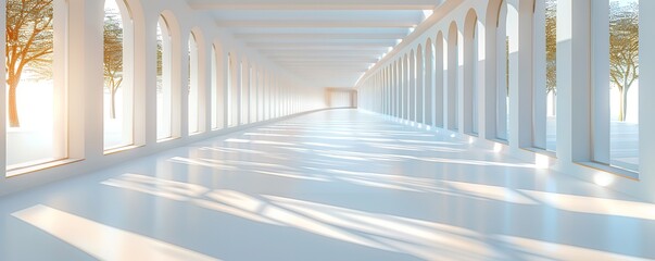 A long white hallway with pillars beside it and beams of light from outside