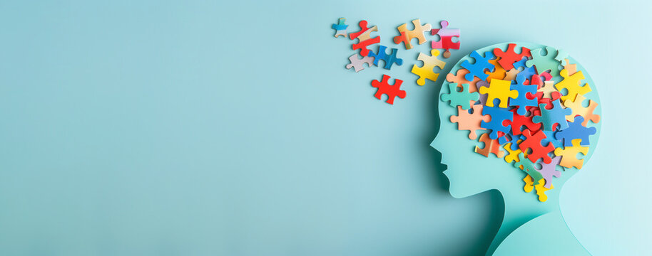 ADHD awareness month october, attention deficit hyperactivity disorder, mental health, mind of a child with colorful jigsaw or puzzle pieces 