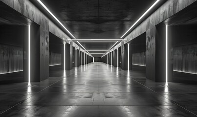 An empty hallway with textured black walls and white striped lights