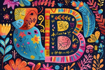 A vibrant and colorful illustration featuring the alphabet letter B surrounded by playful elements and patterns. The design is perfect for educational materials and children's projects.