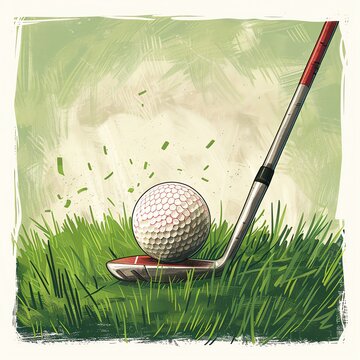 A golf club resting on a green, with a golf ball about to be struck.