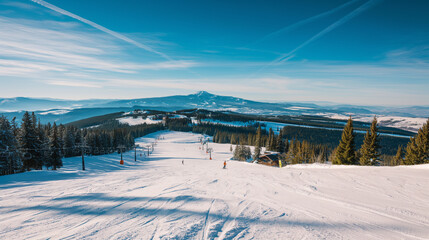 A vast, panoramic view of the Big Sky ski resort in Montana, USA. Rolling black diamond slopes stretch across the snowy landscape, dwarfed by the big Montana sky.