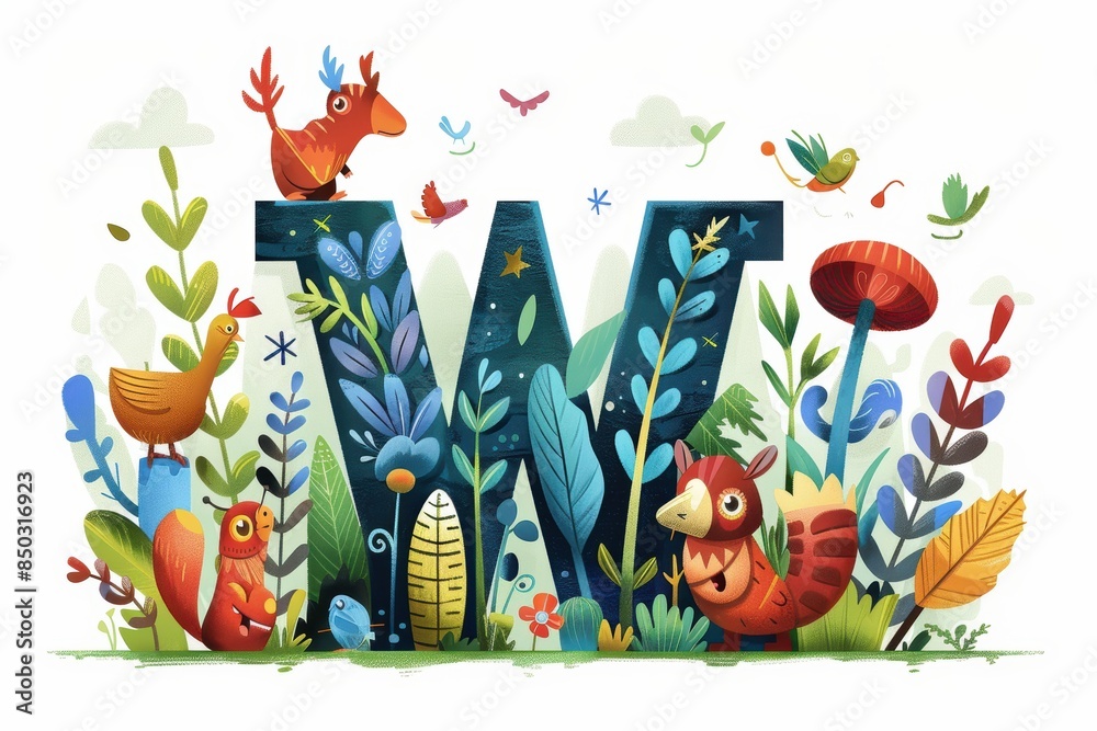 Fototapete an imaginative illustration of the letter w surrounded by whimsical characters and elements adding a