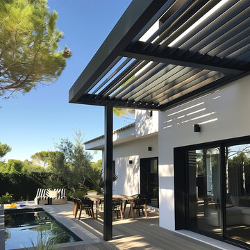 Projet de construction d'une v&eacute;randa ou pergola bioclimatique pour une maison d'habiation moderne blanche