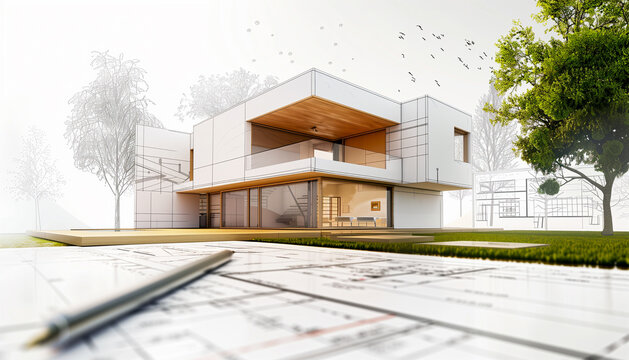 Esquisse d'architecte d'un projet de construction d'une maison moderne d'habitation