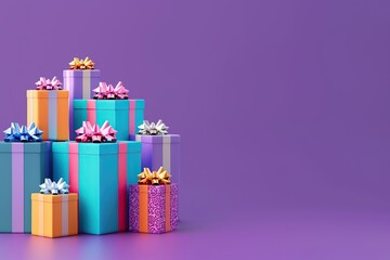 Stack of colorful gift boxes tied bright vivid colored bows. Joy, anticipation of receiving presents. Beautiful gift boxes heap on purple color. Gift box set in pile. Distinctive present boxes. Sale