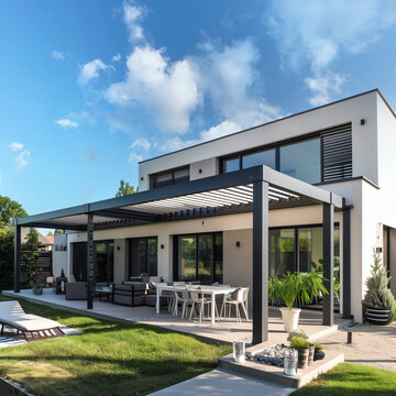 Projet de construction d'une v&eacute;randa ou pergola bioclimatique pour une maison d'habiation moderne blanche