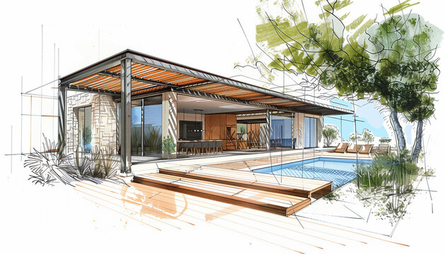 Esquisse d'architecte d'un projet de construction d'une pergola &eacute;cologique bioclimatique en bois dans un jardin