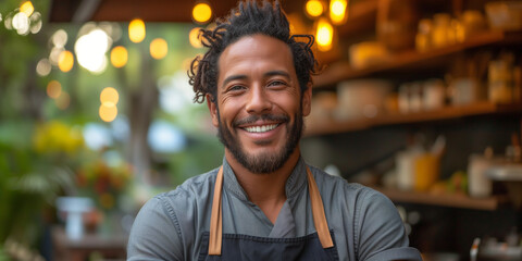 Fototapeta premium Organic food store, friendly owner, lifestyle shop, healthy vegan food, fruits and vegetables, small business 