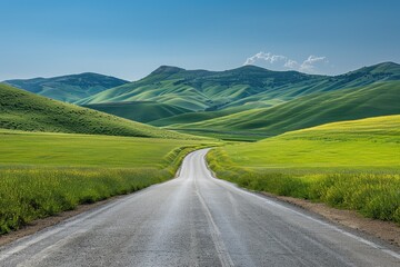 Naklejka premium The asphalt road leading to the distance on the grassland