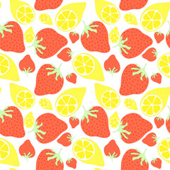 strawberries and lemons on white background seamless pattern. It is suitable for decorations, fashion, textile, wrapping and more.