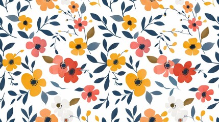 Watercolor Floral Pattern With Yellow And Orange Flowers On White Background