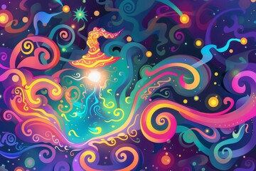 Cartoon cute doodles of a magical genie emerging from a swirling, mystical void, Generative AI