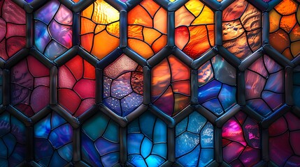 Stained glass pattern with colorful pentagons, soft pastel hues, hd quality, digital rendering, smooth transitions, geometric precision, vintage design, artistic composition, calming ambiance.