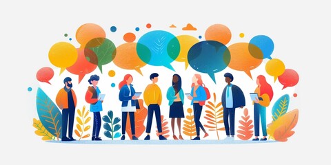 Fototapeta premium DEI Illustration of diverse people with speech bubbles engaging in conversation, symbolizing social media communication and interaction on a white background
