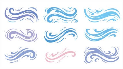 Colorful Wind Air Flow Elements Flowing Arrow Air Flow Direction, Doodle wind line sketch set. Hand drawn doodle wind motion, smoke flow art, abstract line Vector illustration